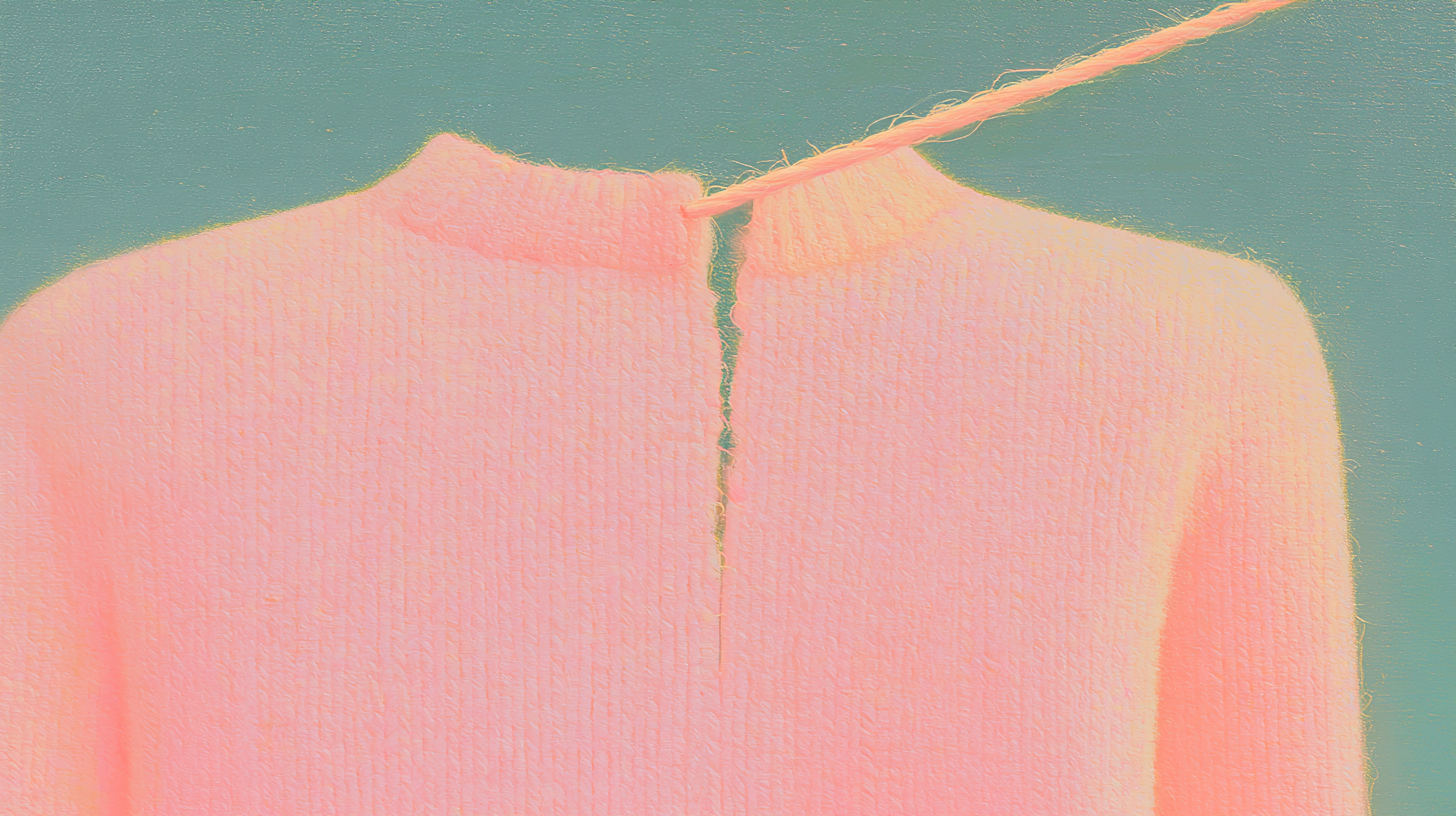 FRAMES-disable segment cover — a knitted garment unravelling from a single pulled thread