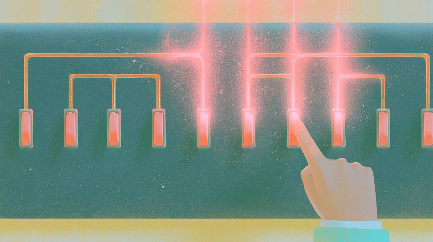 ACME rule governance cover — a hand reaching for one switch on a panel with its wiring exposed