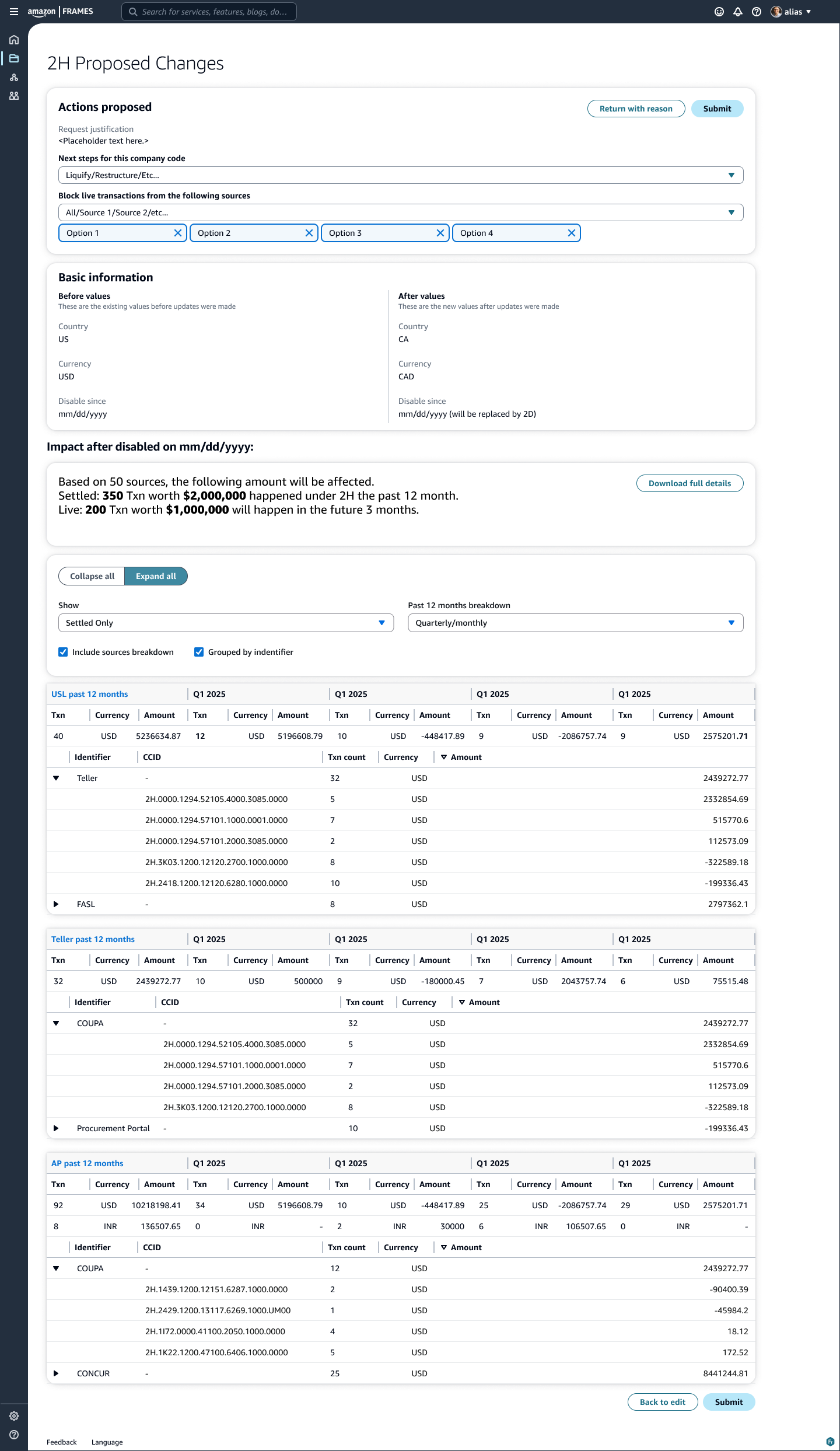 FRAMES approver view. Region 1 at the top holds the proposed actions and the approve or return controls. Region 2 shows the requested change as before and after values in parallel columns. Region 3 is the impact block, ordered from headline totals through filters to per-system rows.
