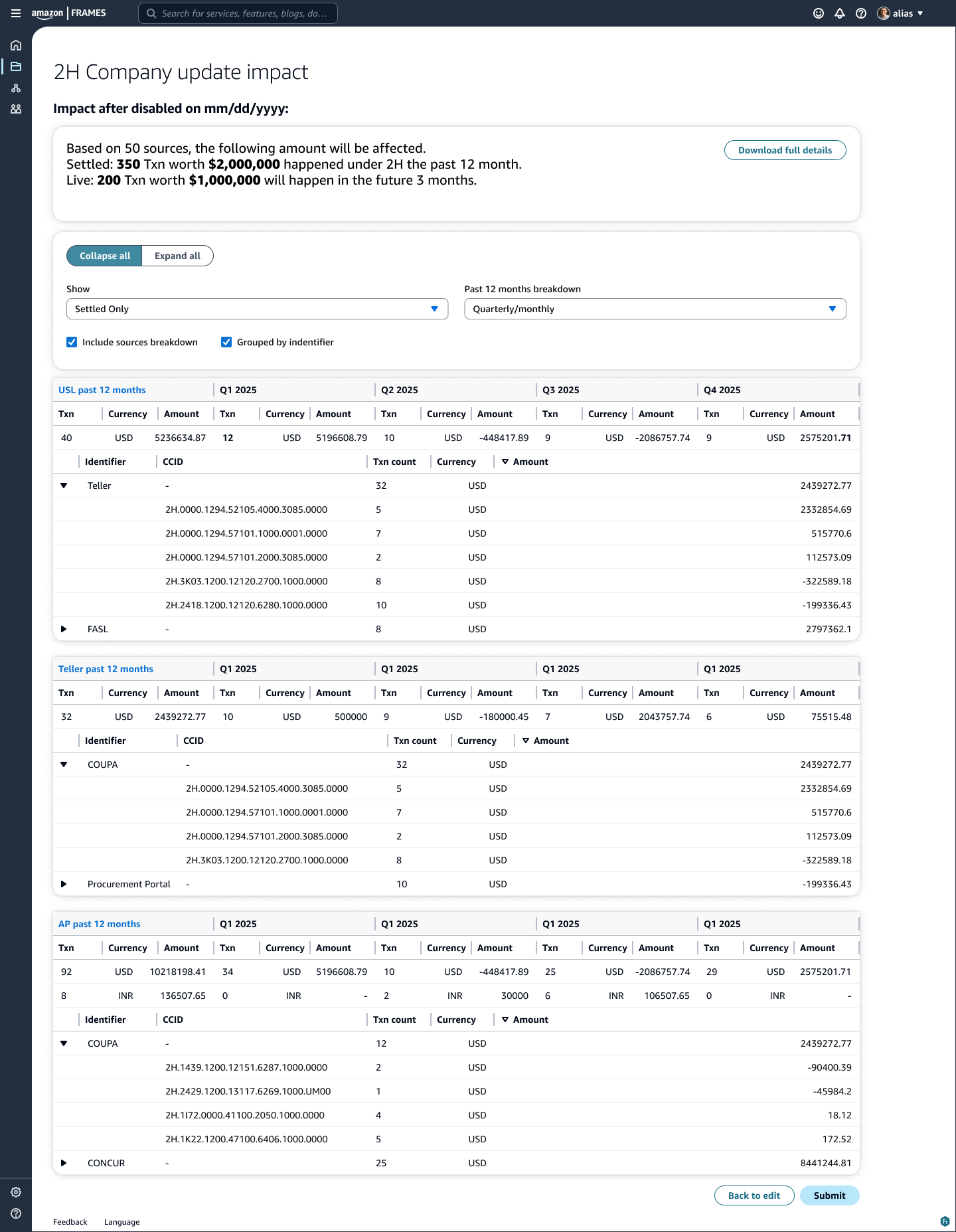 FRAMES disable-segment impact page. Region 1, the summary banner at the top, states the settled and live transaction totals affected. Region 2 holds the display and filter options. Region 3 is the first per-system breakdown table, whose title links out to that system's full detail.