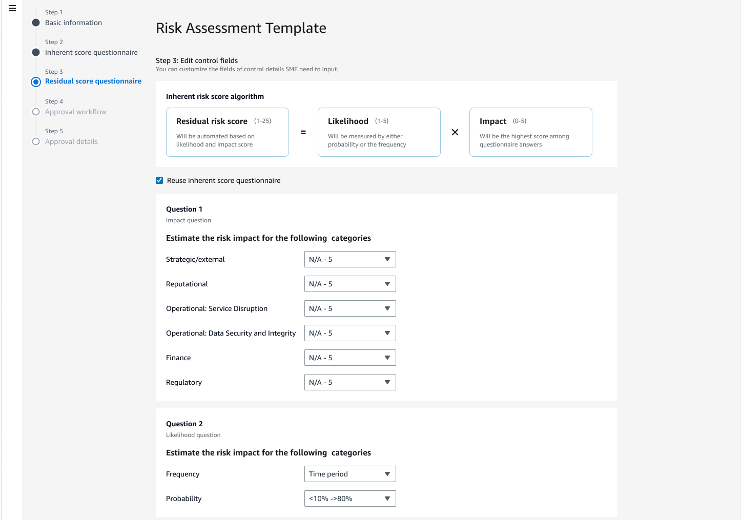 Risk assessment template builder. A 5-step wizard runs down the left: basic information, inherent score questionnaire, residual score questionnaire, approval workflow, and approval details. The main panel is headed Risk Assessment Template and notes that the fields a subject-matter expert must fill in can be customised. Above the questions, a scoring algorithm block states the score as likelihood, 1 to 5, multiplied by impact, 0 to 5, and explains each term: likelihood will be measured by either probability or frequency, and impact will be the highest score among the questionnaire answers. Below, an editable list of questions tagged by type: an impact question listing 6 categories from strategic and external through to regulatory, each with its own scoring range, and a likelihood question with frequency and probability bands.
